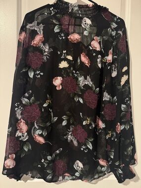 Torrid Black Sheer Floral Blouse with Pink and Purple Blooms